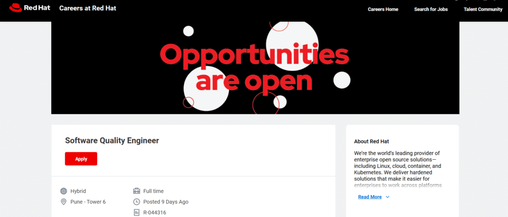 Work from home jobs in Pune for Software Quality Engineer role at Red Hat