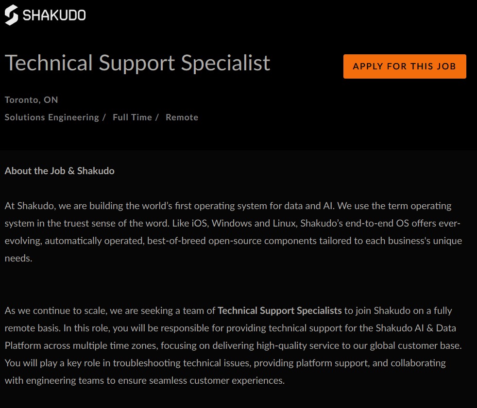 Shakudo Work From Home Job | Technical Support Specialist | Experience