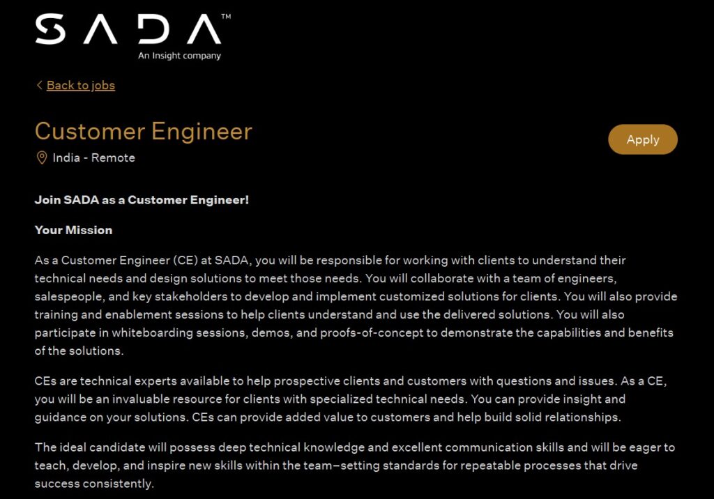Sada Work From Home Job | Customer Engineer | Experience